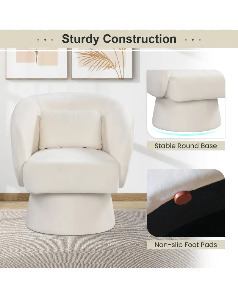 Swivel Accent Chair Upholstered Barrel Chair with Curved Back and Removable Lumbar Pillow-Beige - Beige - Accent Chairs