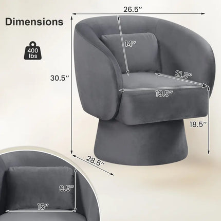 Swivel Accent Chair Upholstered Barrel Chair with Curved Back and Removable Lumbar Pillow-Gray - Gray - Accent Chairs