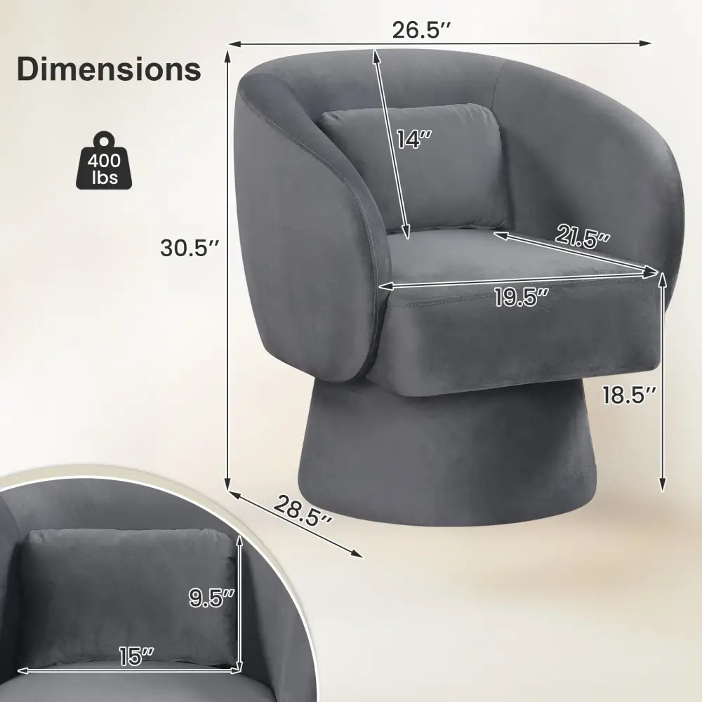 Swivel Accent Chair Upholstered Barrel Chair with Curved Back and Removable Lumbar Pillow-Gray - Gray - Accent Chairs
