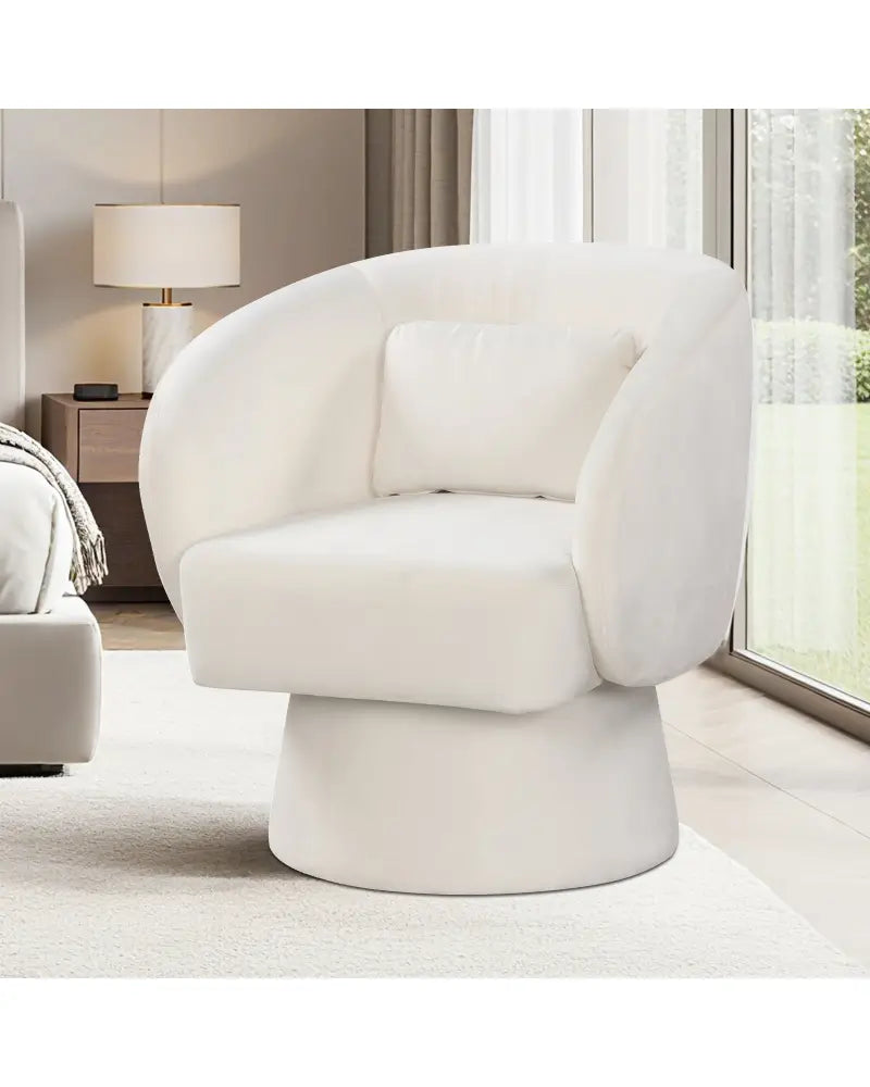 Swivel Accent Chair Upholstered Barrel Chair with Curved Back and Removable Lumbar Pillow-Beige - Beige - Accent Chairs