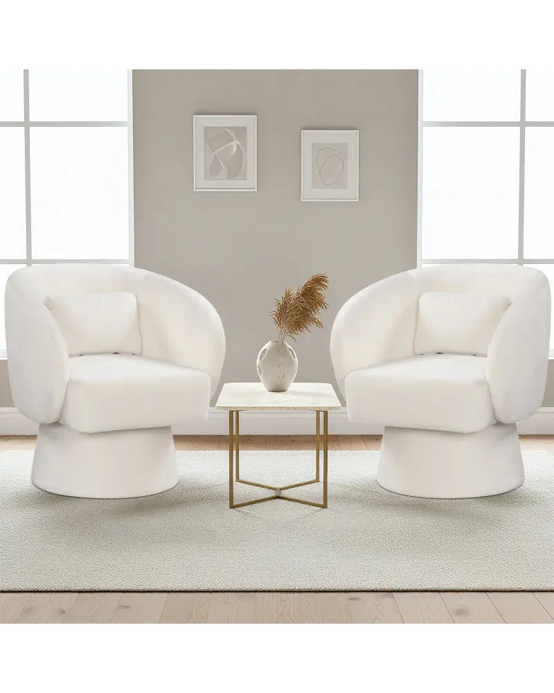 Swivel Accent Chair Upholstered Barrel Chair with Curved Back and Removable Lumbar Pillow-Beige - Beige - Accent Chairs