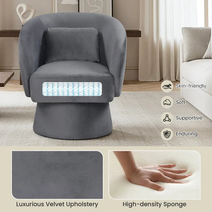 Swivel Accent Chair Upholstered Barrel Chair with Curved Back and Removable Lumbar Pillow-Gray - Gray - Accent Chairs