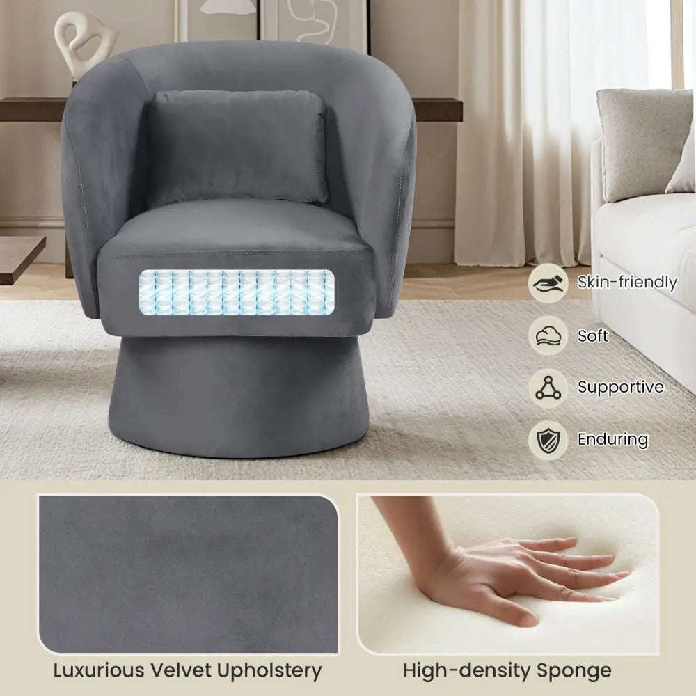 Swivel Accent Chair Upholstered Barrel Chair with Curved Back and Removable Lumbar Pillow-Gray - Gray - Accent Chairs