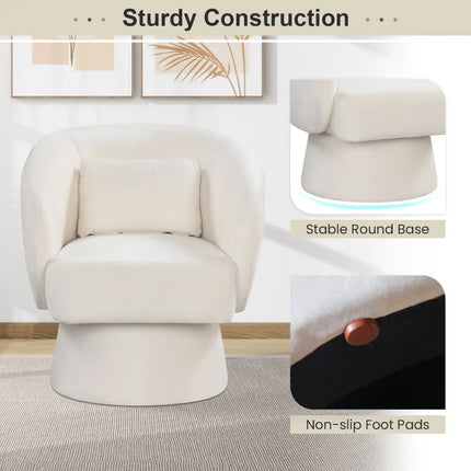 Swivel Accent Chair Upholstered Barrel Chair with Curved Back and Removable Lumbar Pillow-Beige - Beige - Accent Chairs