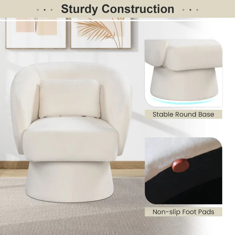 Swivel Accent Chair Upholstered Barrel Chair with Curved Back and Removable Lumbar Pillow-Beige - Beige - Accent Chairs