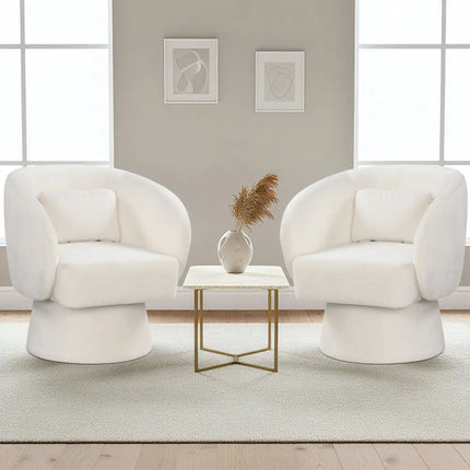 Swivel Accent Chair Upholstered Barrel Chair with Curved Back and Removable Lumbar Pillow-Beige - Beige - Accent Chairs