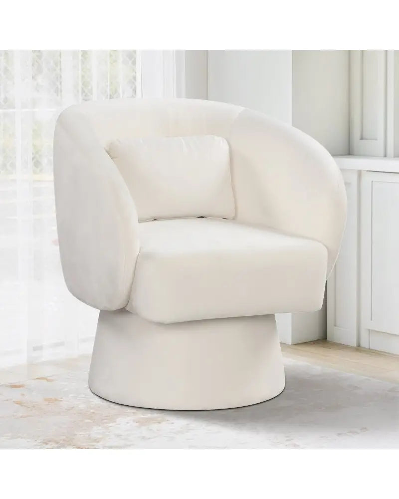 Swivel Accent Chair Upholstered Barrel Chair with Curved Back and Removable Lumbar Pillow-Beige - Beige - Accent Chairs