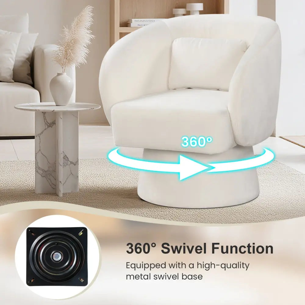 Swivel Accent Chair Upholstered Barrel Chair with Curved Back and Removable Lumbar Pillow-Beige - Beige - Accent Chairs