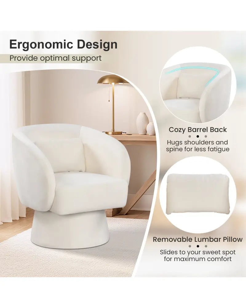 Swivel Accent Chair Upholstered Barrel Chair with Curved Back and Removable Lumbar Pillow-Beige - Beige - Accent Chairs