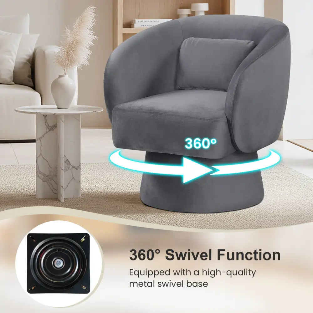 Swivel Accent Chair Upholstered Barrel Chair with Curved Back and Removable Lumbar Pillow-Gray - Gray - Accent Chairs