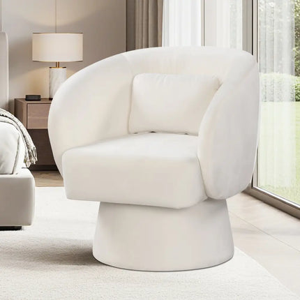 Swivel Accent Chair Upholstered Barrel Chair with Curved Back and Removable Lumbar Pillow-Beige - Beige - Accent Chairs