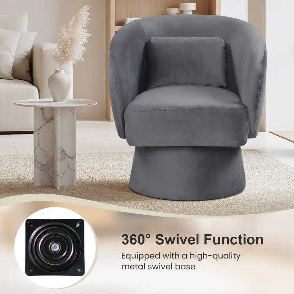 Swivel Accent Chair Upholstered Barrel Chair with Curved Back and Removable Lumbar Pillow-Gray - Gray - Accent Chairs