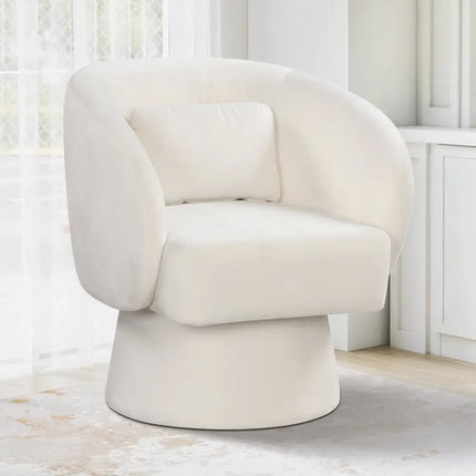 Swivel Accent Chair Upholstered Barrel Chair with Curved Back and Removable Lumbar Pillow-Beige - Beige - Accent Chairs