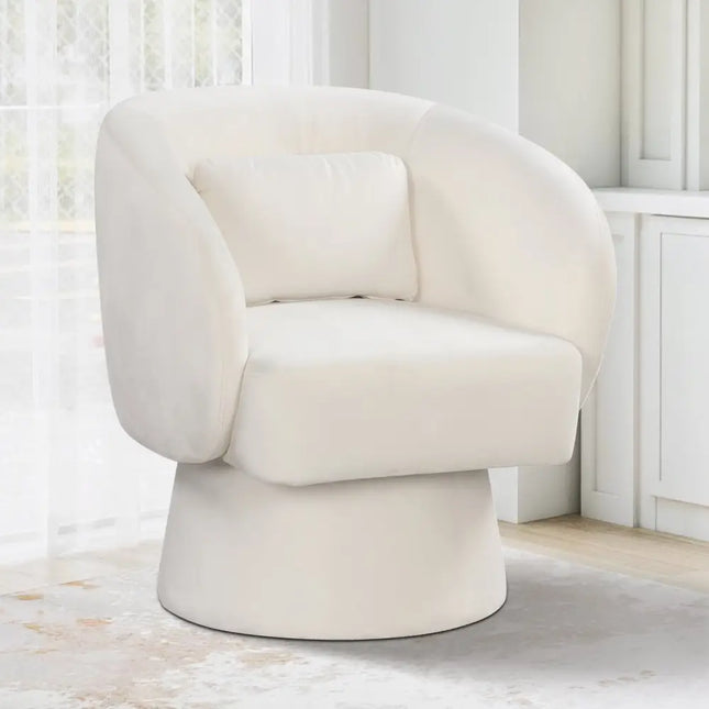 Swivel Accent Chair Upholstered Barrel Chair with Curved Back and Removable Lumbar Pillow-Beige - Beige - Accent Chairs
