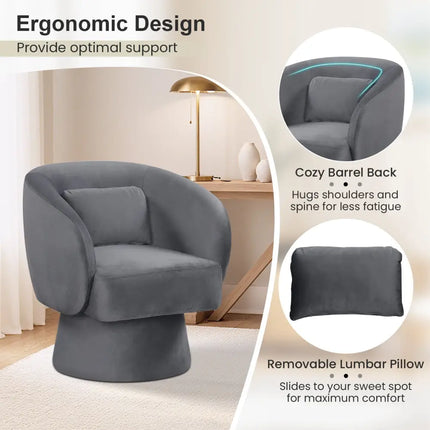 Swivel Accent Chair Upholstered Barrel Chair with Curved Back and Removable Lumbar Pillow-Gray - Gray - Accent Chairs