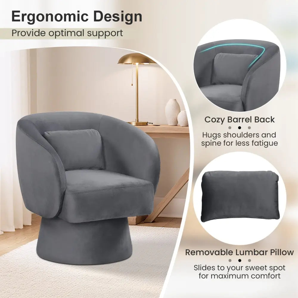 Swivel Accent Chair Upholstered Barrel Chair with Curved Back and Removable Lumbar Pillow-Gray - Gray - Accent Chairs