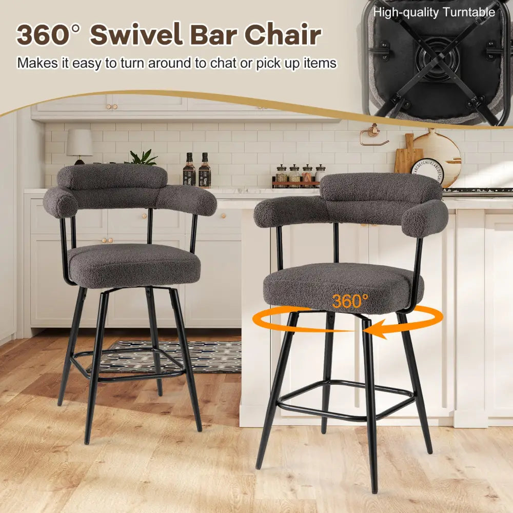 Swivel Bar Stool Set of 2 Counter Height Chairs with Curved Back and Arms-Grey - Gray - Bar Stools