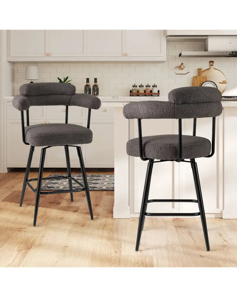 Swivel Bar Stool Set of 2 Counter Height Chairs with Curved Back and Arms-Grey - Gray - Bar Stools