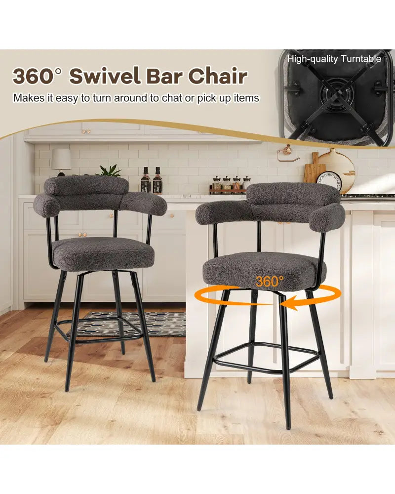 Swivel Bar Stool Set of 2 Counter Height Chairs with Curved Back and Arms-Grey - Gray - Bar Stools