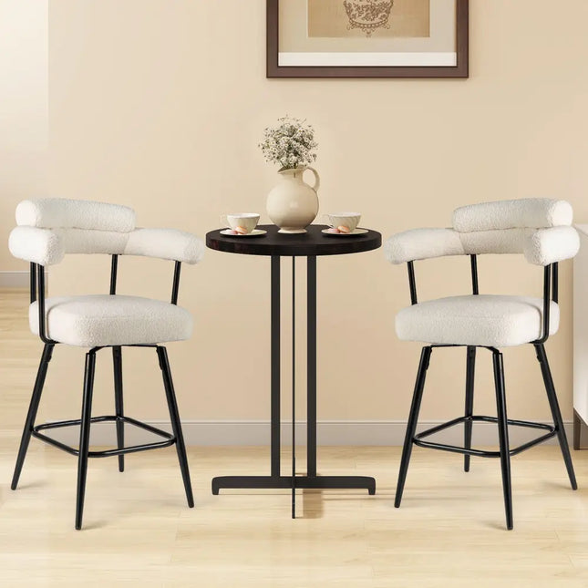 Swivel Bar Stool Set of 2 Counter Height Chairs with Curved Back and Arms-White - White - Bar Stools