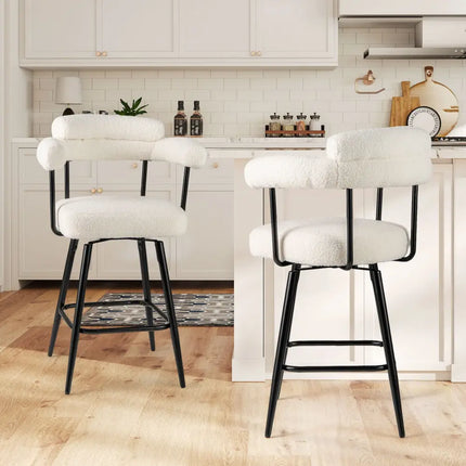 Swivel Bar Stool Set of 2 Counter Height Chairs with Curved Back and Arms-White - White - Bar Stools