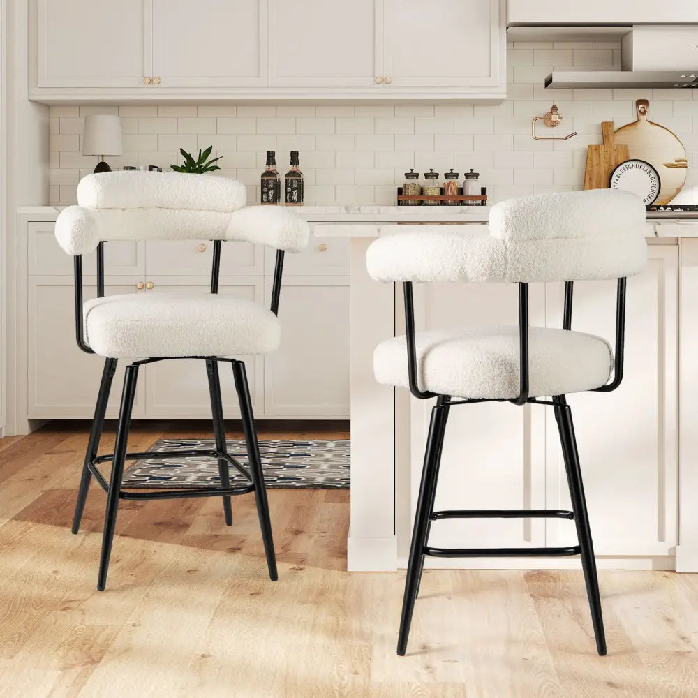 Swivel Bar Stool Set of 2 Counter Height Chairs with Curved Back and Arms-White - White - Bar Stools