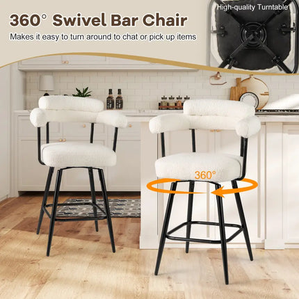 Swivel Bar Stool Set of 2 Counter Height Chairs with Curved Back and Arms-White - White - Bar Stools