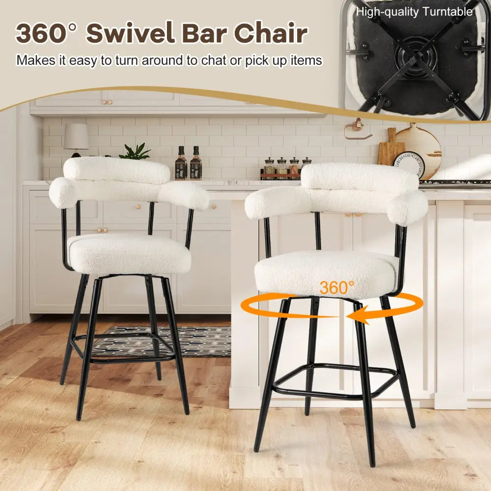 Swivel Bar Stool Set of 2 Counter Height Chairs with Curved Back and Arms-White - White - Bar Stools