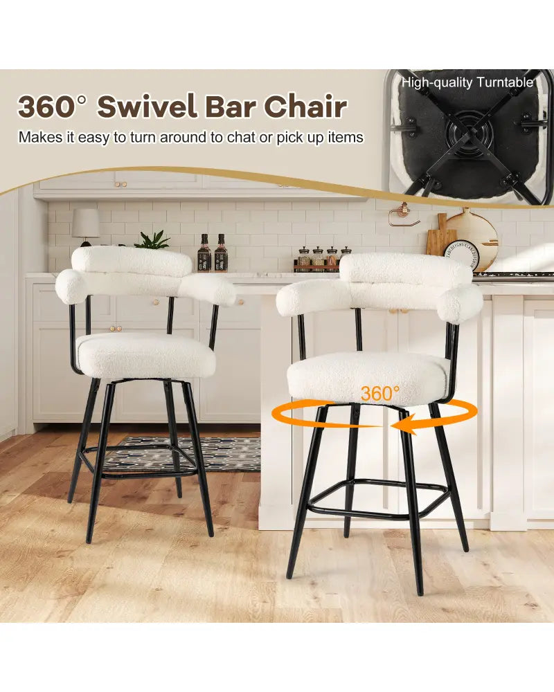 Swivel Bar Stool Set of 2 Counter Height Chairs with Curved Back and Arms-White - White - Bar Stools