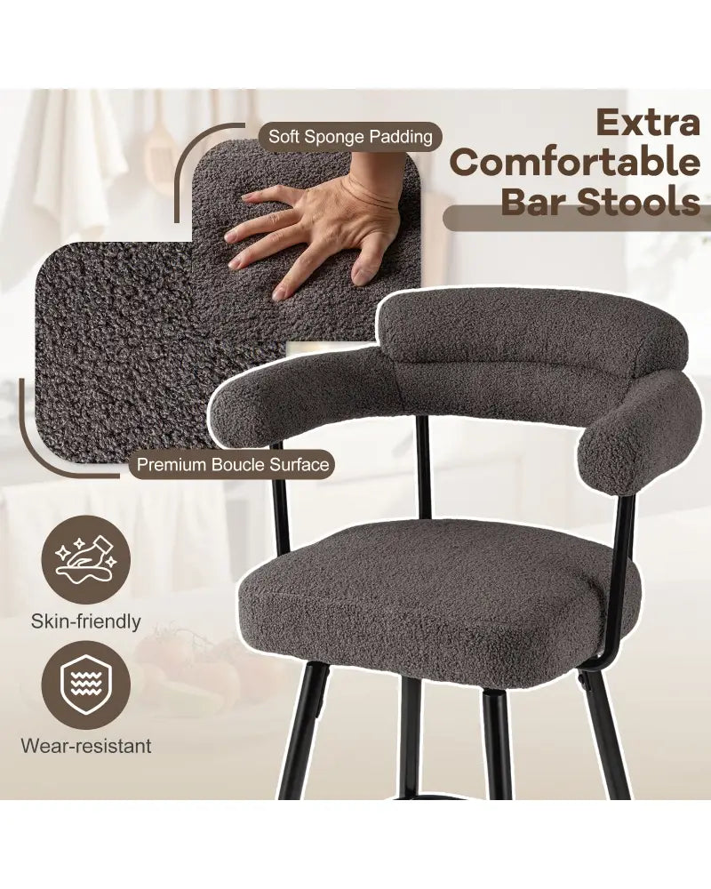Swivel Bar Stool Set of 2 Counter Height Chairs with Curved Back and Arms-Grey - Gray - Bar Stools