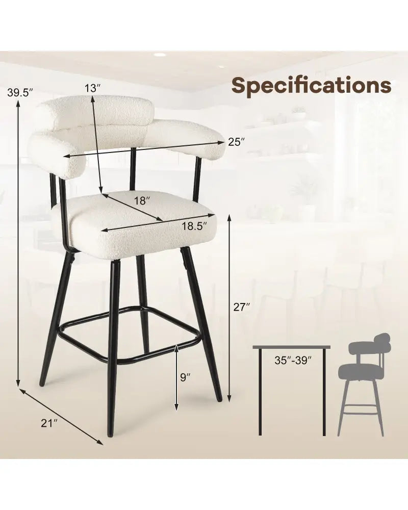 Swivel Bar Stool Set of 2 Counter Height Chairs with Curved Back and Arms-White - White - Bar Stools