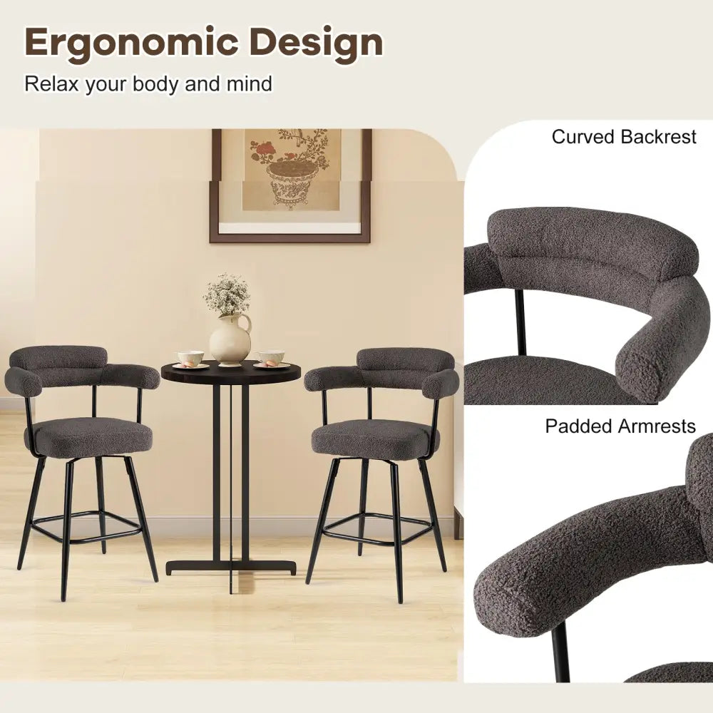 Swivel Bar Stool Set of 2 Counter Height Chairs with Curved Back and Arms-Grey - Gray - Bar Stools