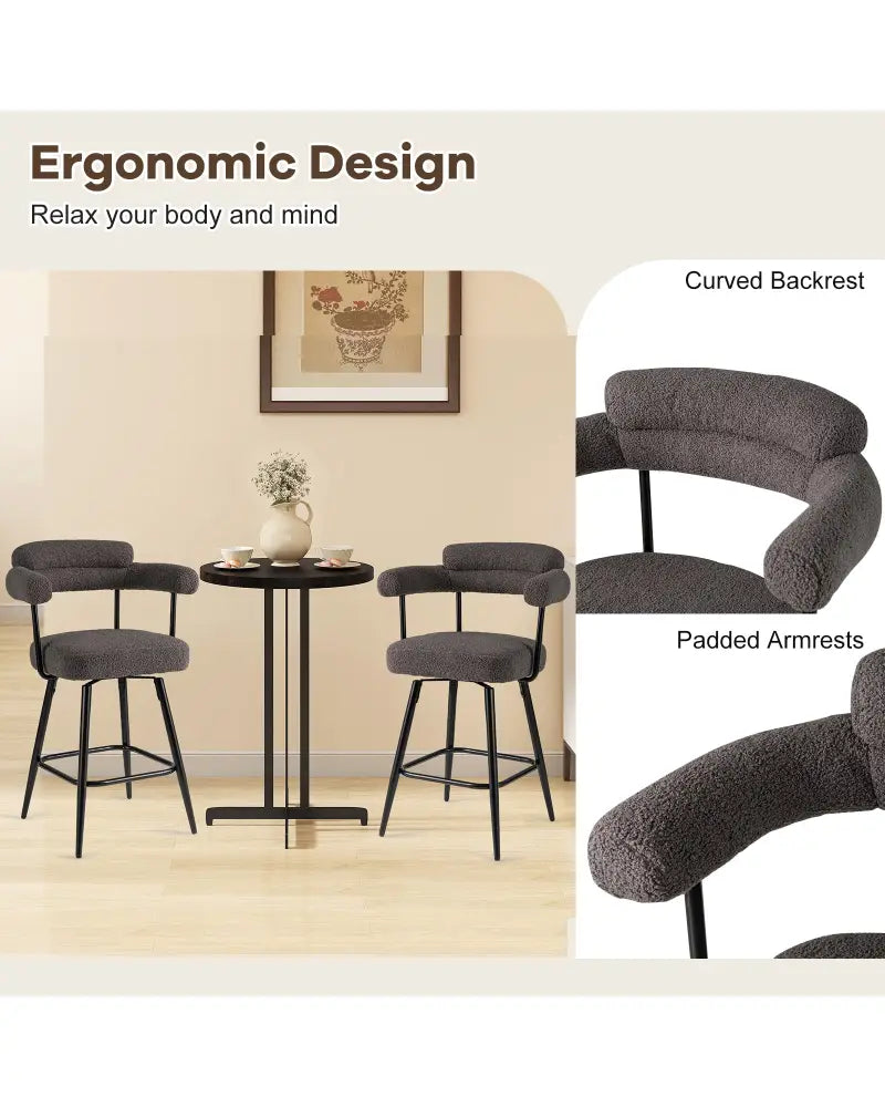 Swivel Bar Stool Set of 2 Counter Height Chairs with Curved Back and Arms-Grey - Gray - Bar Stools