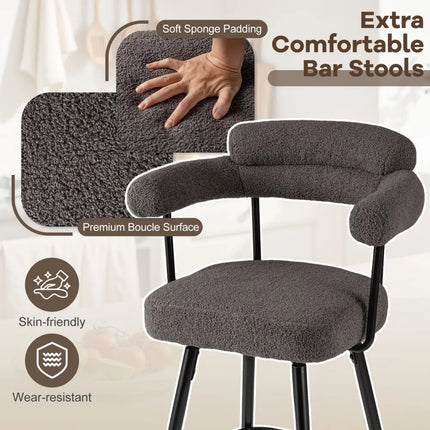Swivel Bar Stool Set of 2 Counter Height Chairs with Curved Back and Arms-Grey - Gray - Bar Stools