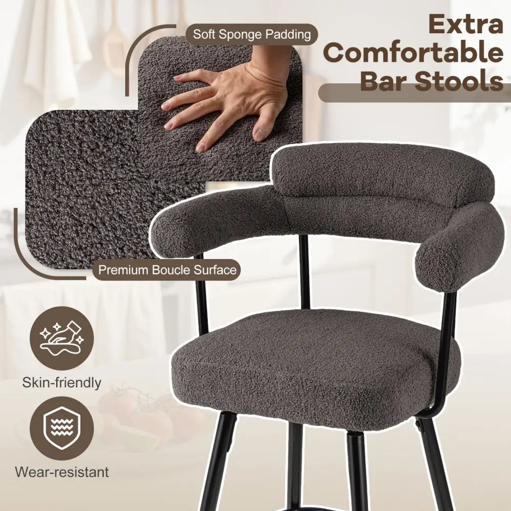 Swivel Bar Stool Set of 2 Counter Height Chairs with Curved Back and Arms-Grey - Gray - Bar Stools