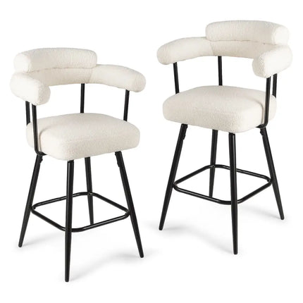 Swivel Bar Stool Set of 2 Counter Height Chairs with Curved Back and Arms-White - White - Bar Stools