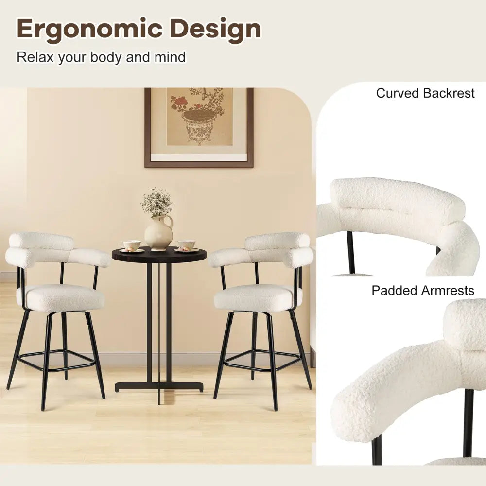 Swivel Bar Stool Set of 2 Counter Height Chairs with Curved Back and Arms-White - White - Bar Stools