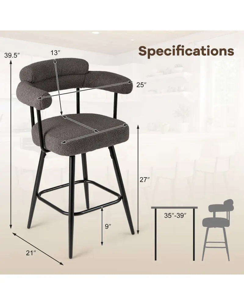 Swivel Bar Stool Set of 2 Counter Height Chairs with Curved Back and Arms-Grey - Gray - Bar Stools