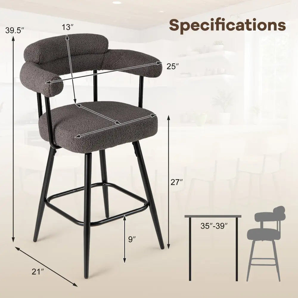 Swivel Bar Stool Set of 2 Counter Height Chairs with Curved Back and Arms-Grey - Gray - Bar Stools