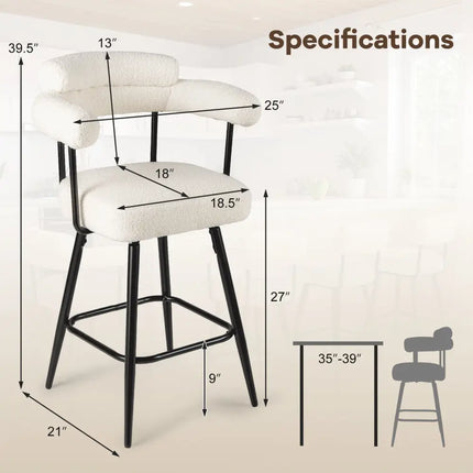 Swivel Bar Stool Set of 2 Counter Height Chairs with Curved Back and Arms-White - White - Bar Stools