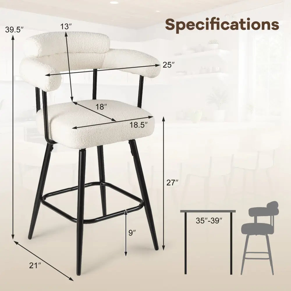 Swivel Bar Stool Set of 2 Counter Height Chairs with Curved Back and Arms-White - White - Bar Stools