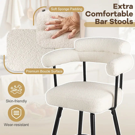 Swivel Bar Stool Set of 2 Counter Height Chairs with Curved Back and Arms-White - White - Bar Stools
