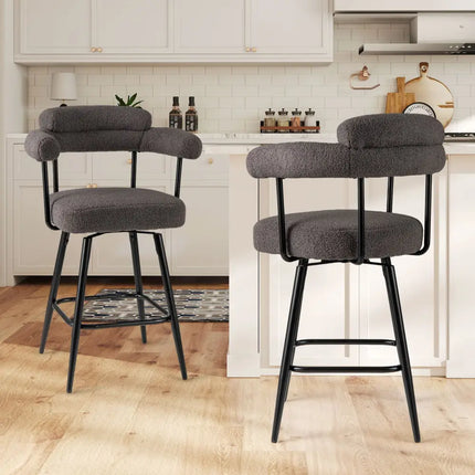 Swivel Bar Stool Set of 2 Counter Height Chairs with Curved Back and Arms-Grey - Gray - Bar Stools