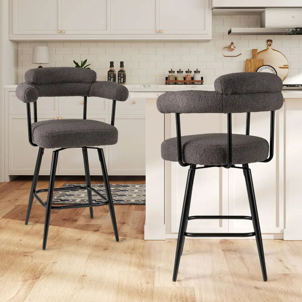 Swivel Bar Stool Set of 2 Counter Height Chairs with Curved Back and Arms-Grey - Gray - Bar Stools