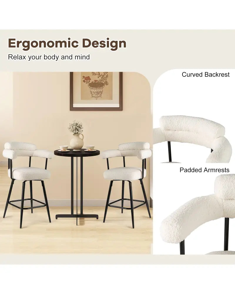 Swivel Bar Stool Set of 2 Counter Height Chairs with Curved Back and Arms-White - White - Bar Stools