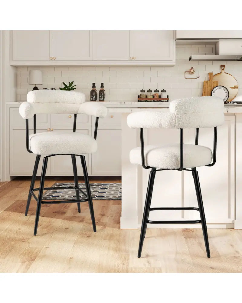 Swivel Bar Stool Set of 2 Counter Height Chairs with Curved Back and Arms-White - White - Bar Stools