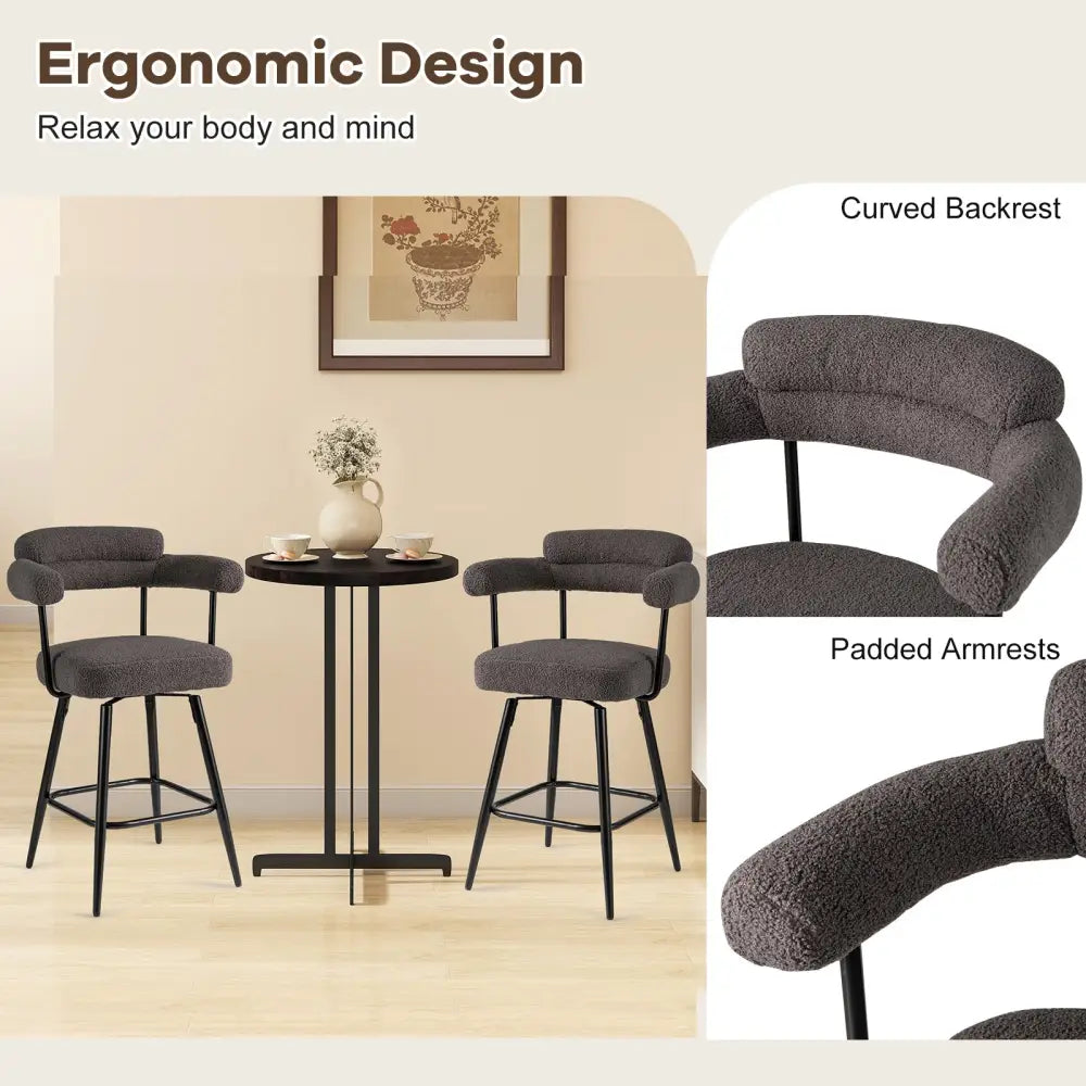 Swivel Bar Stool Set of 2 Counter Height Chairs with Curved Back and Arms-Grey - Gray - Bar Stools