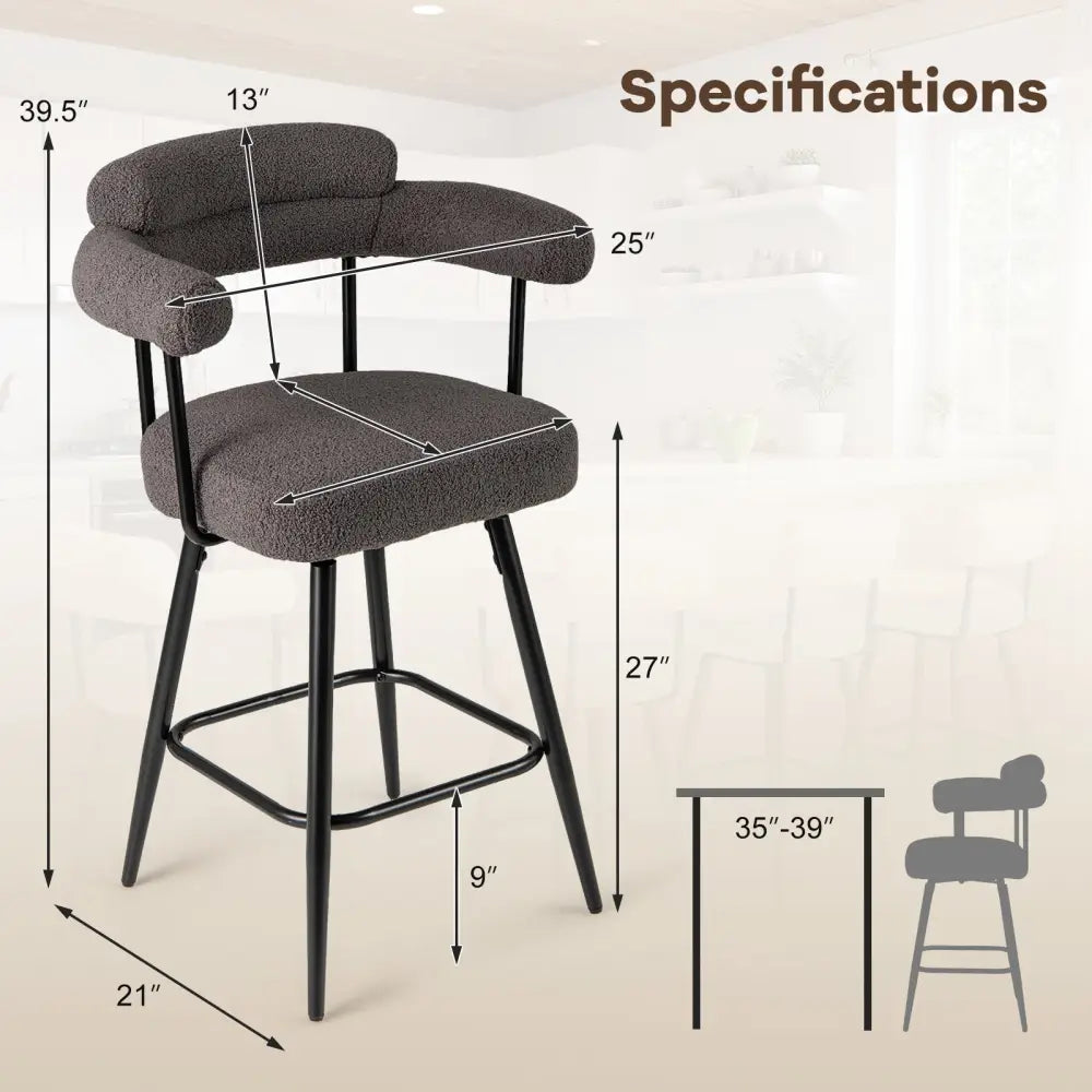 Swivel Bar Stool Set of 2 Counter Height Chairs with Curved Back and Arms-Grey - Gray - Bar Stools