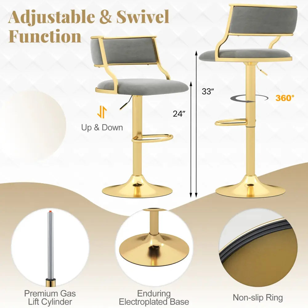 Swivel Bar Stool Set of 2 Dutch Velvet Height Adjustable Island Stools-Grey - Gray - Bar Stools