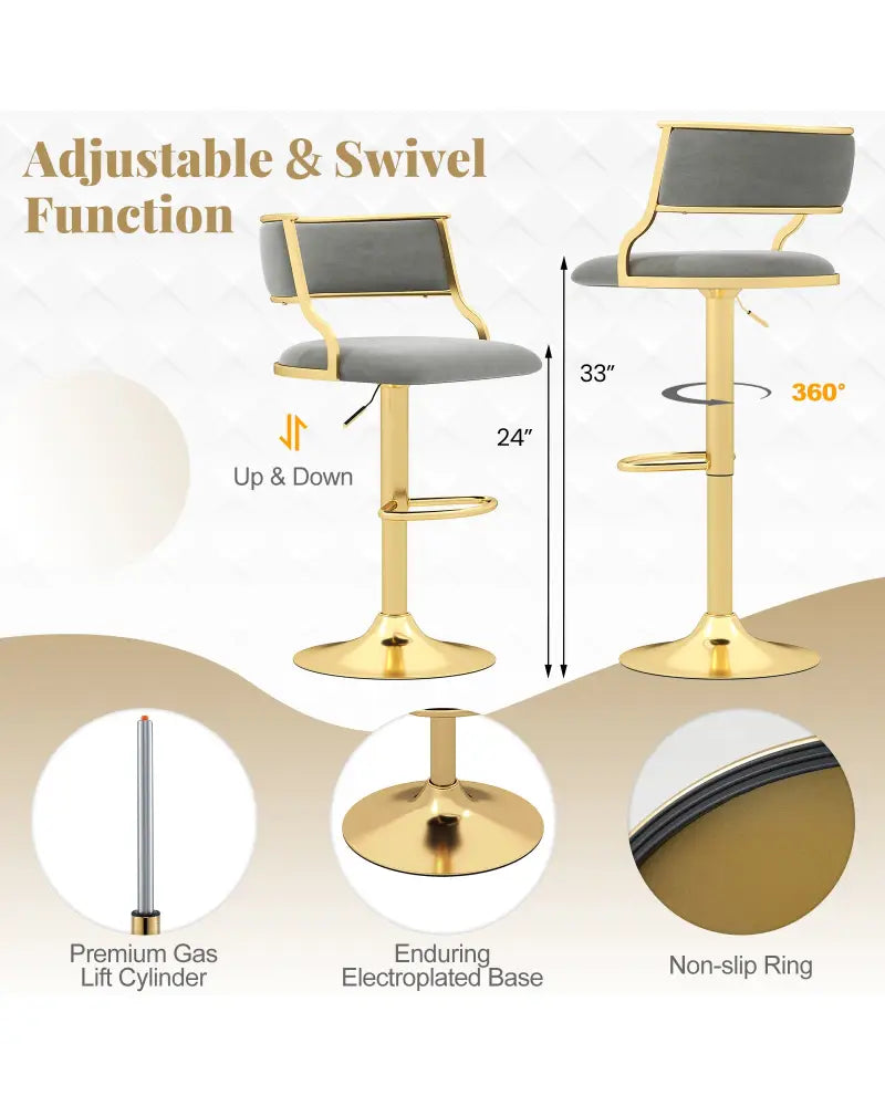 Swivel Bar Stool Set of 2 Dutch Velvet Height Adjustable Island Stools-Grey - Gray - Bar Stools